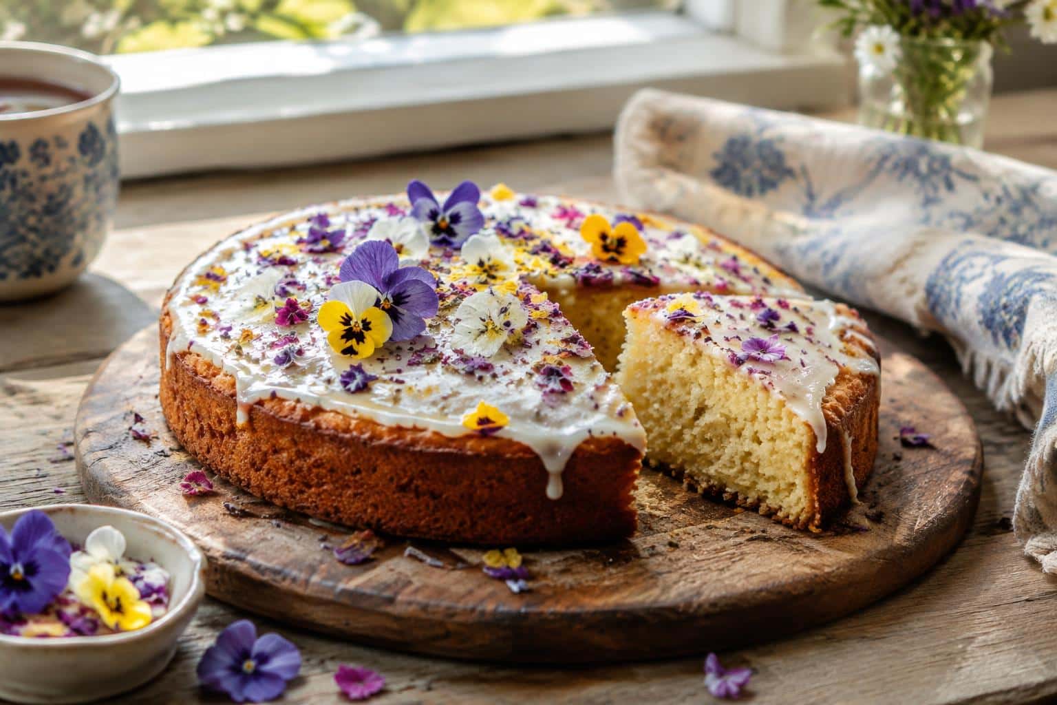 Floral tea cake with edible flower garnish on wooden board in natural light