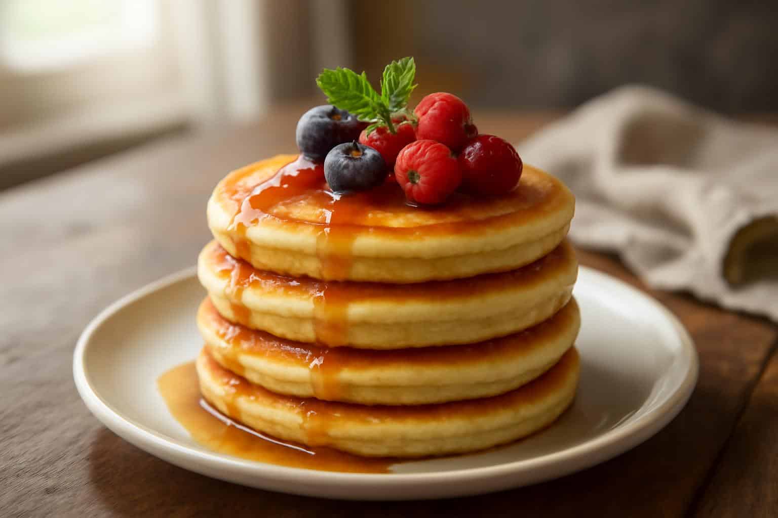 Stack of fluffy buttermilk pancakes topped with syrup and fresh berries on rustic table
