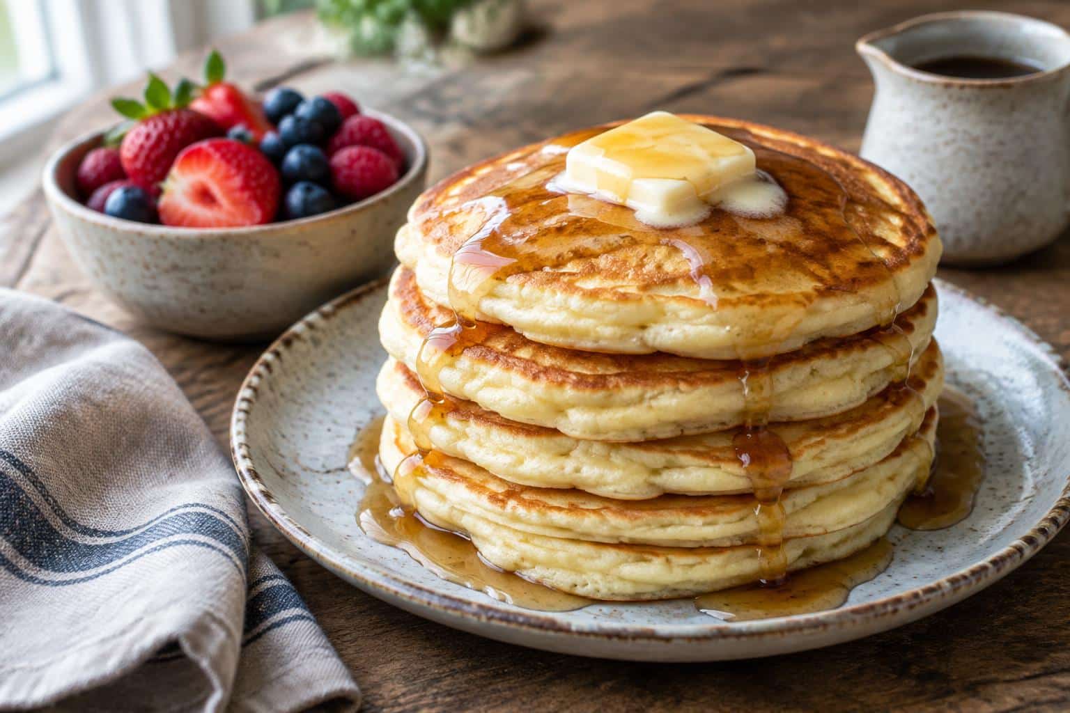 stack of fluffy buttermilk pancakes topped with butter and maple syrup on rustic plate