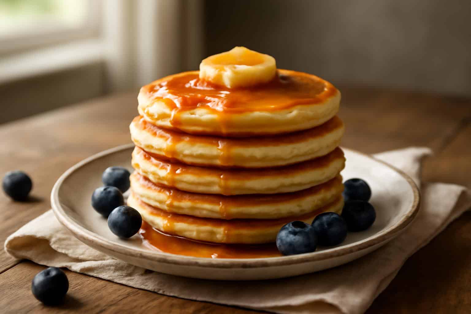 Golden fluffy buttermilk pancakes topped with butter and maple syrup on a rustic plate