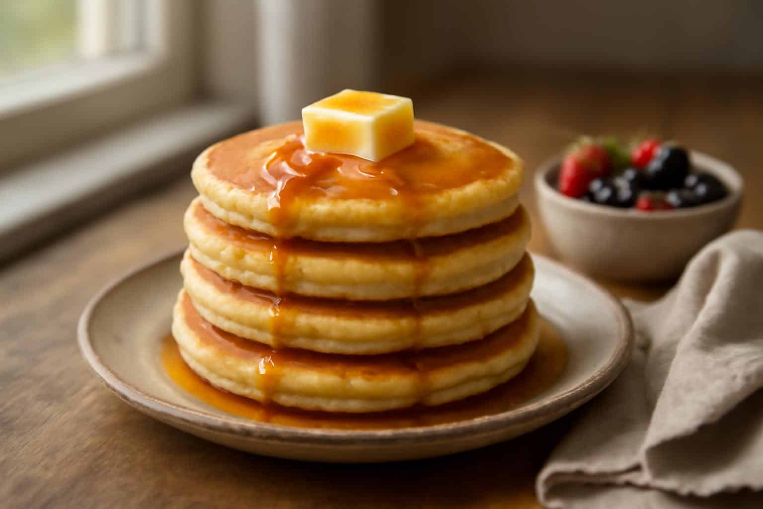 stack of fluffy buttermilk pancakes topped with butter and maple syrup on a rustic plate