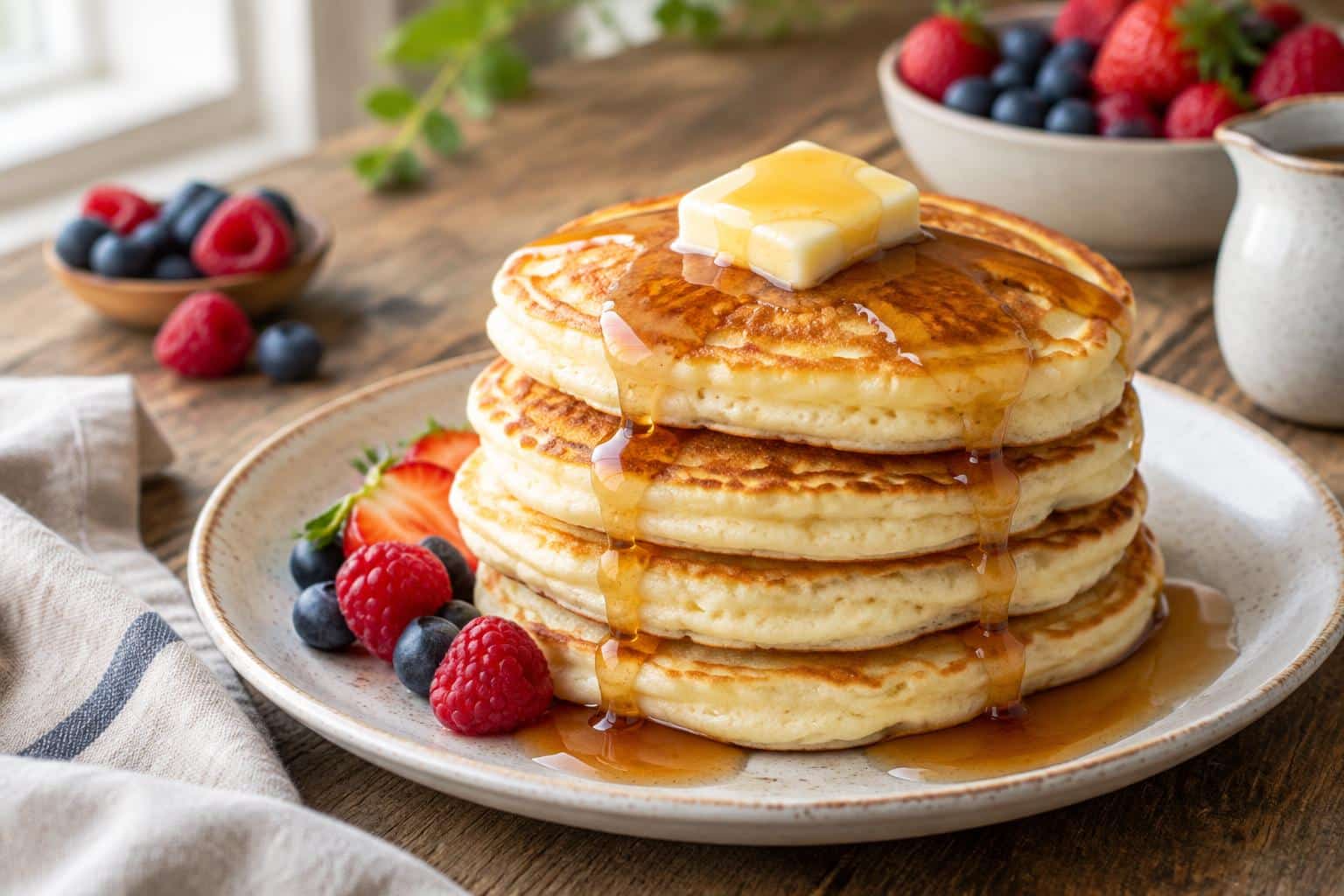 Stack of fluffy buttermilk pancakes topped with butter and syrup on a ceramic plate