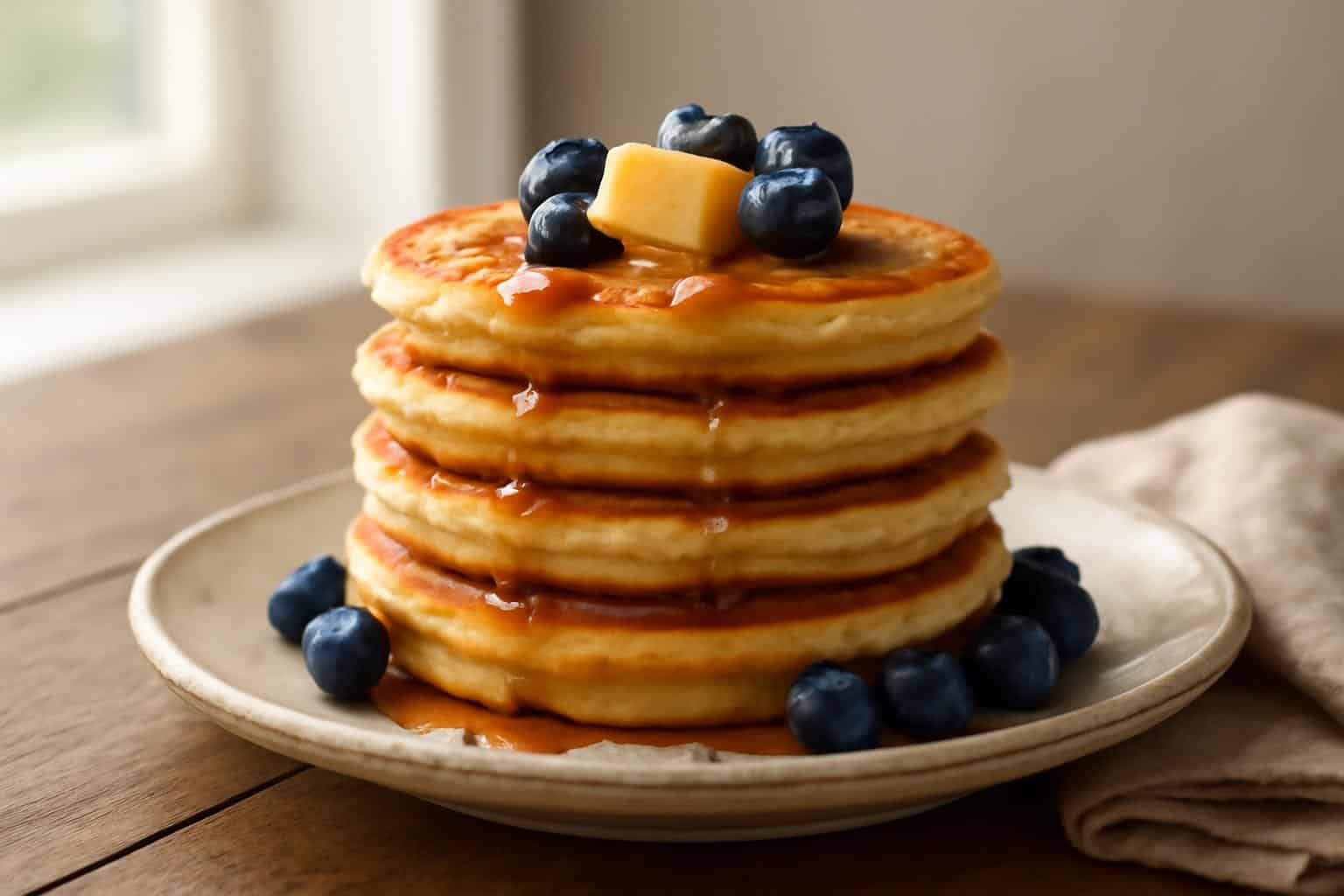 Stack of fluffy buttermilk pancakes topped with butter and maple syrup