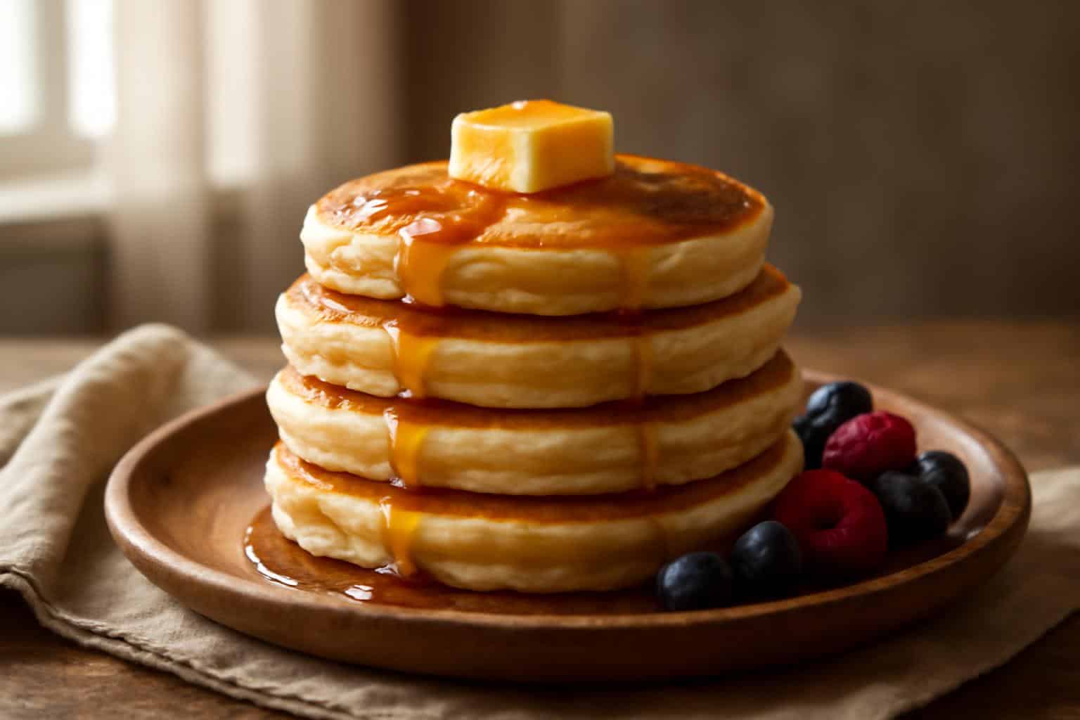 Stack of fluffy buttermilk pancakes topped with butter and syrup in natural light