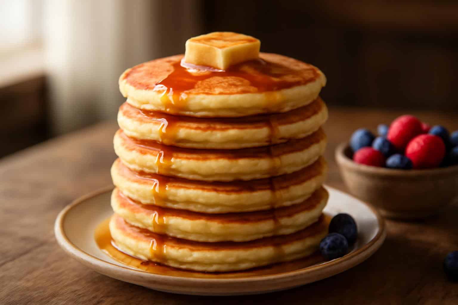 Stack of fluffy buttermilk pancakes drizzled with maple syrup and topped with butter