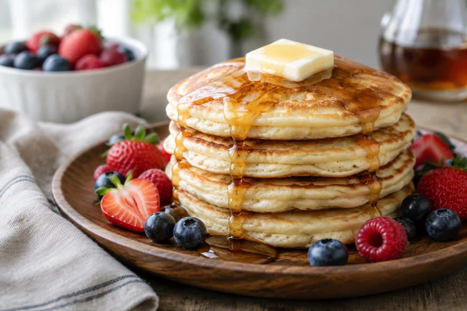 Stack of fluffy buttermilk pancakes with syrup and butter in natural light, fluffy buttermilk pancakes