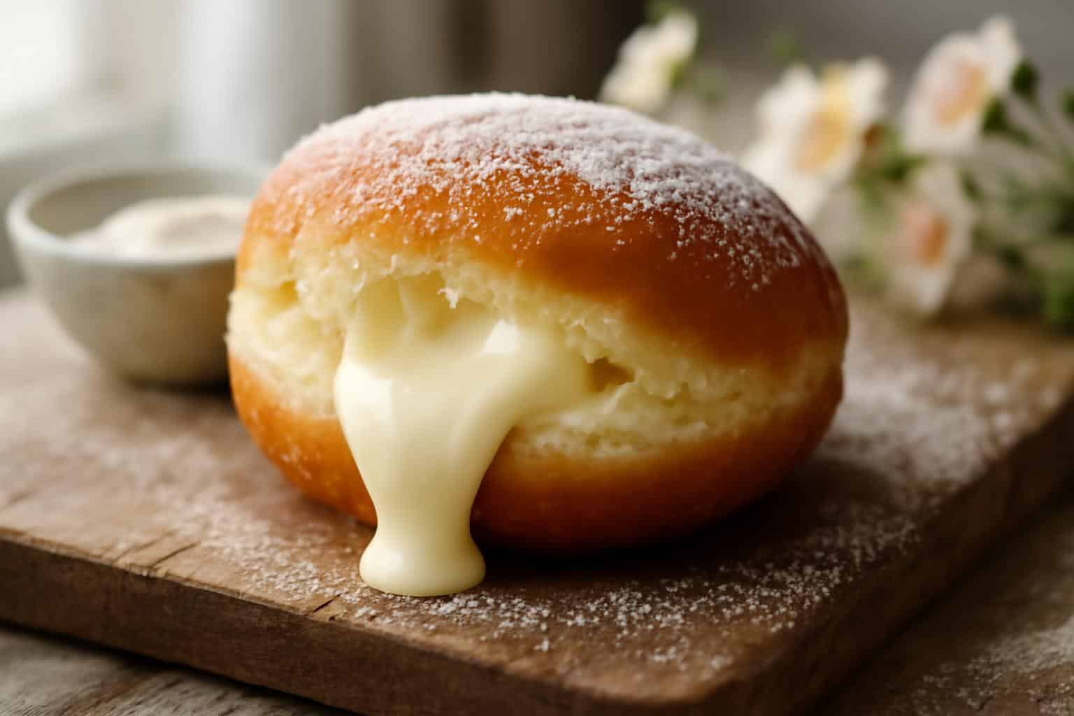 Fluffy Korean milk cream donut with creamy filling and powdered sugar on wooden board