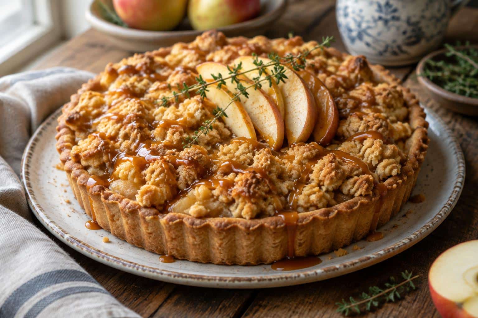 Apple caramel crumble tart with golden crumble topping and caramel drizzle close-up