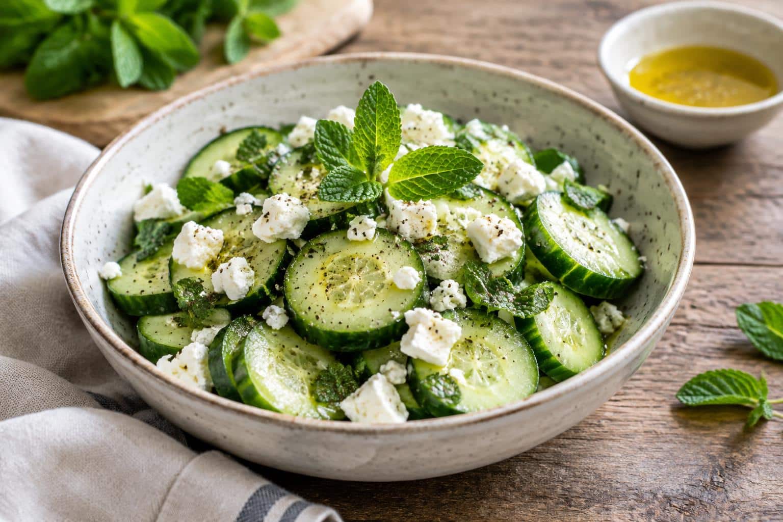 Fresh cucumber feta salad with crumbled cheese and mint leaves in a bowl