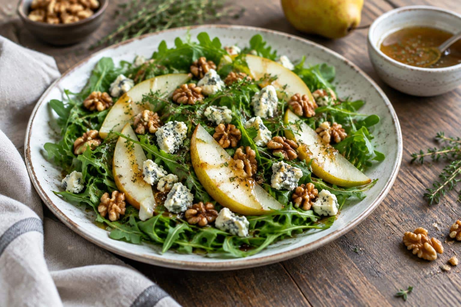 Fresh arugula pear salad with sliced pears and walnuts in a rustic bowl