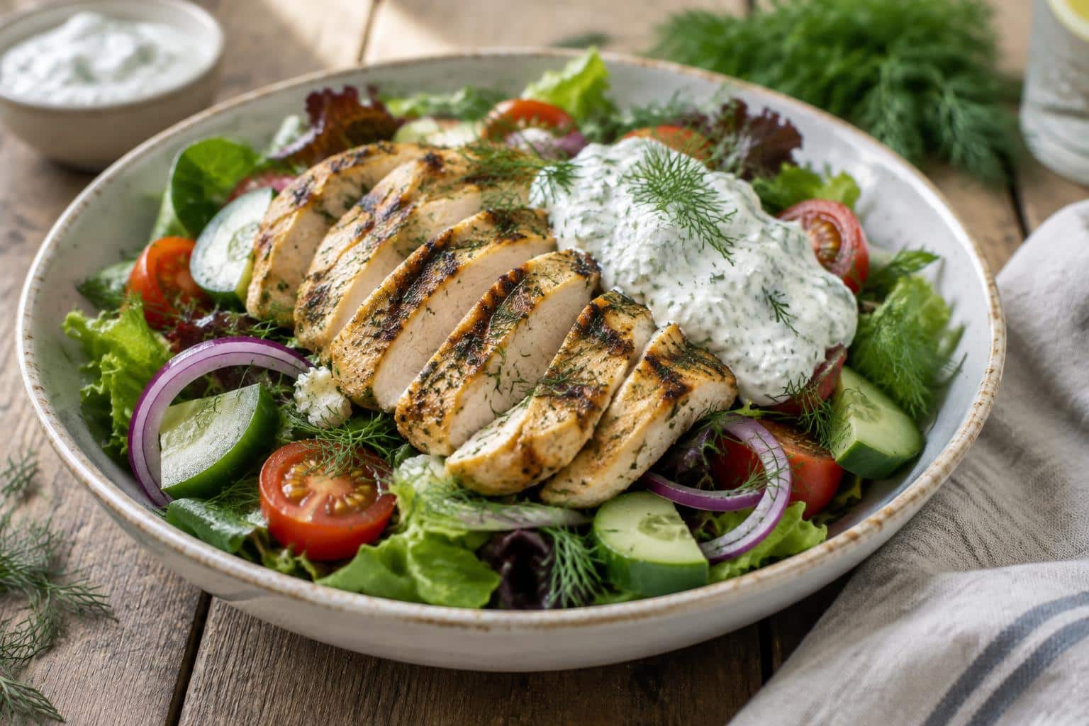 Grilled chicken tzatziki chicken salad with fresh vegetables and creamy sauce