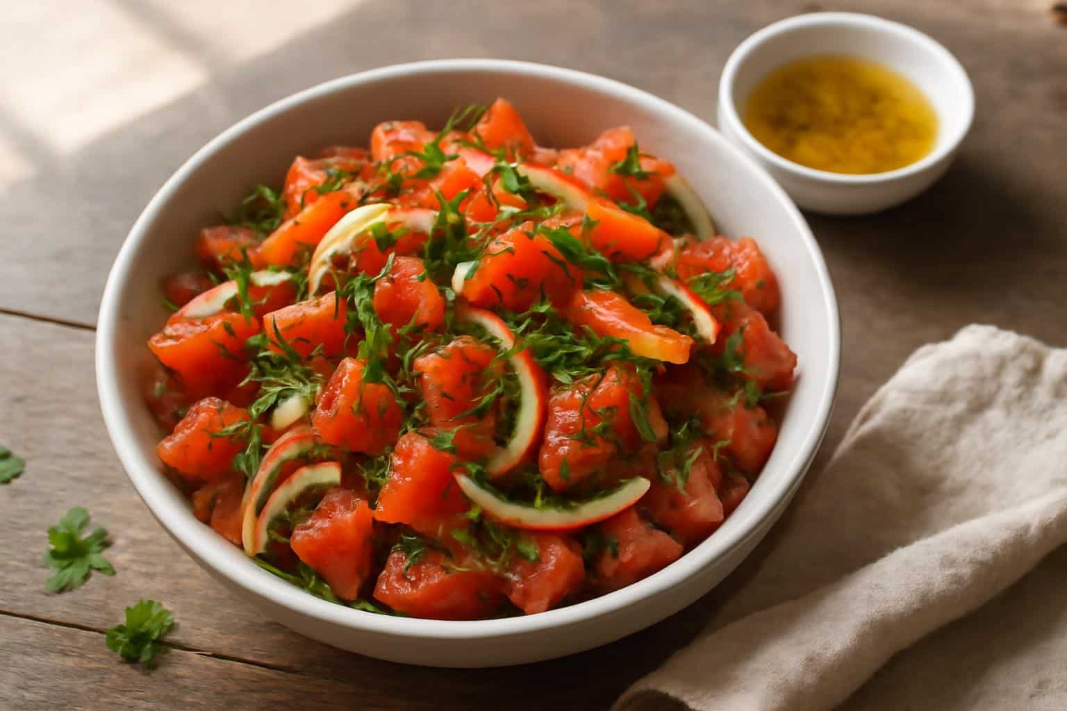 Marinated tomatoes salad with cubes and juliennes on rustic wooden surface, fresh herbs garnish