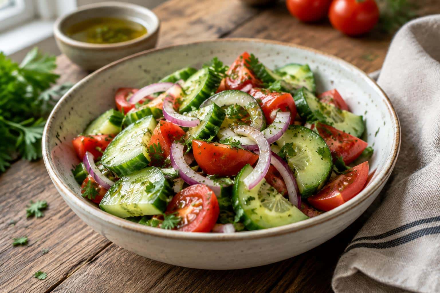 Fresh tangy salad with cucumber, onion, and tomato served in a bowl with vinaigrette and parsley garnish