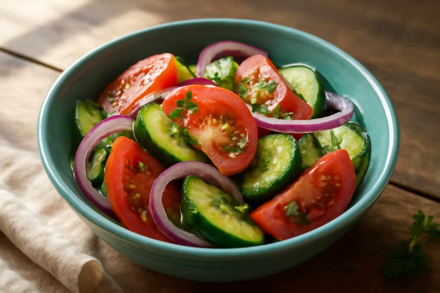 Fresh tangy cucumber tomato salad with onion in a bowl with herbs and vinaigrette