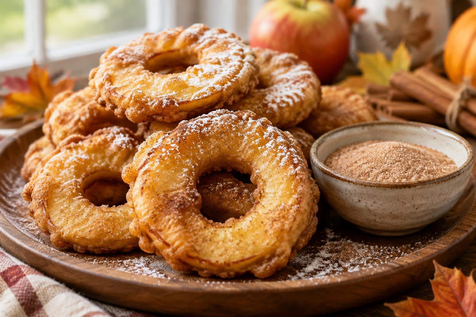 Plate of crispy fried cinnamon apple rings dusted with powdered sugar and cinnamon sugar dipping sauce