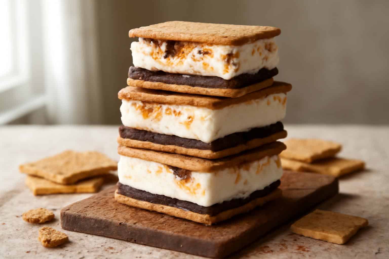 Frozen s'more sandwiches with ice cream, chocolate, and marshmallow layers on rustic board