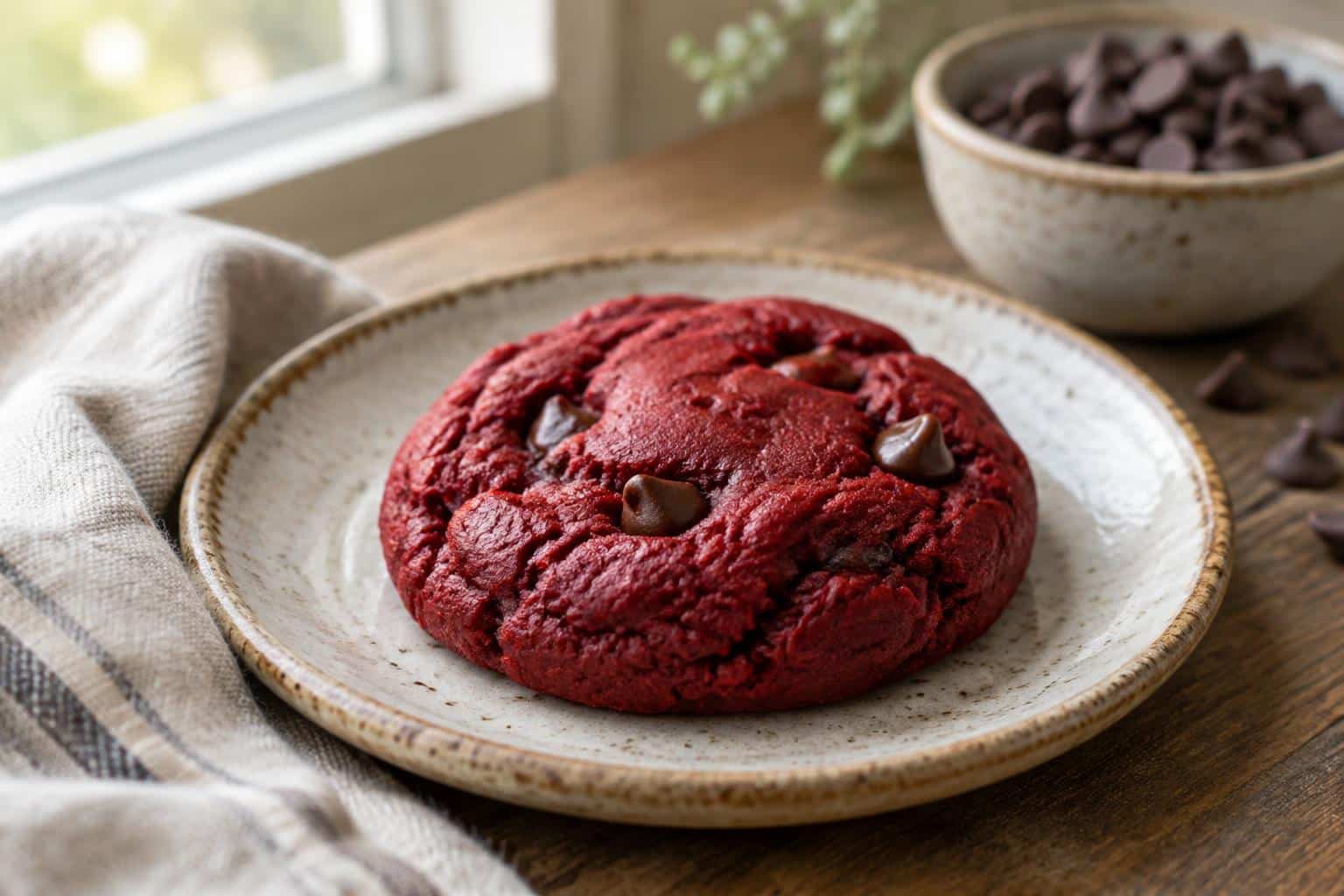 Fudgy red velvet cookies with browned butter blondie base on rustic plate