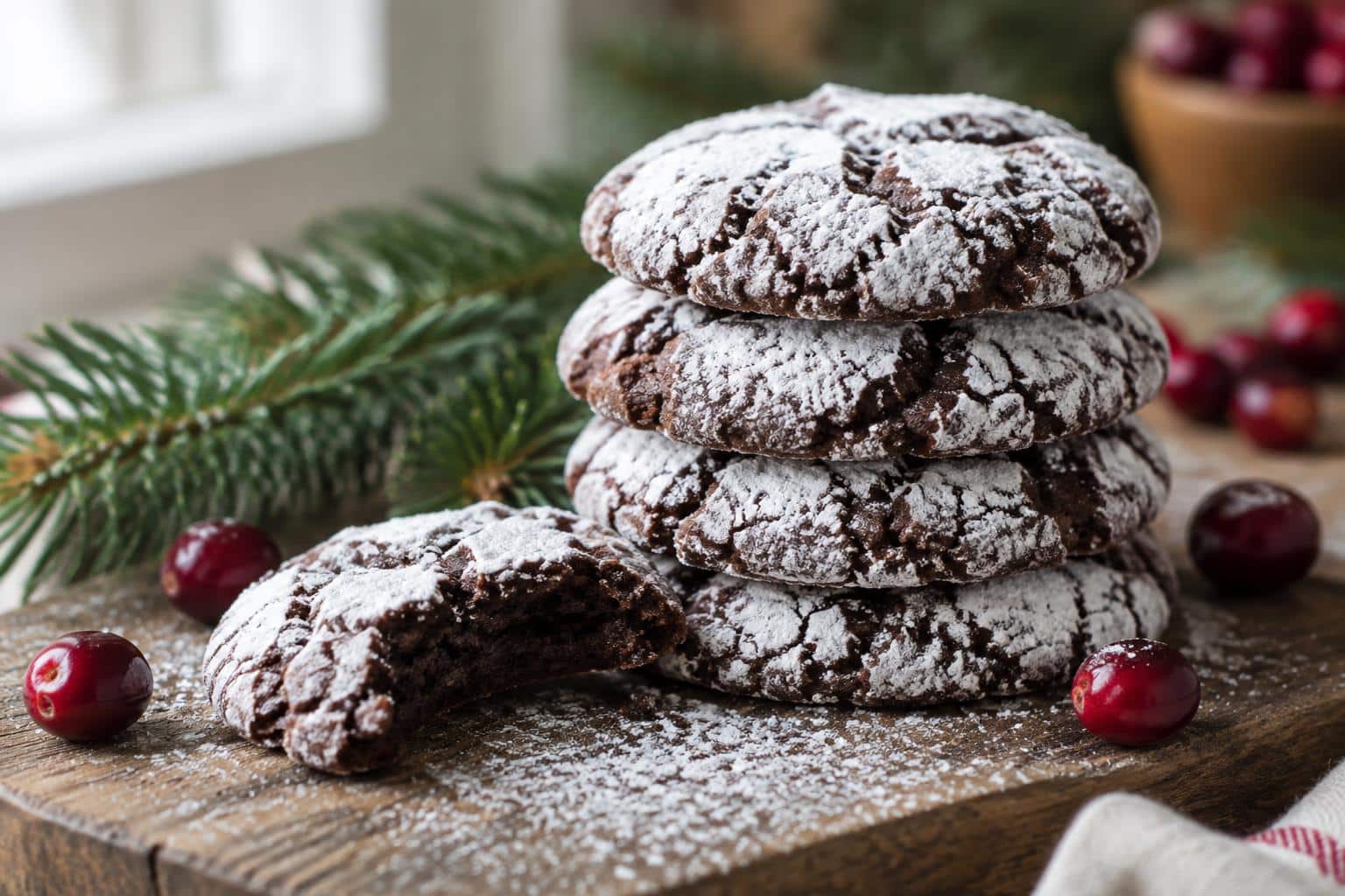 Fudgy soft christmas cookies dusted in powdered sugar stacked on rustic board