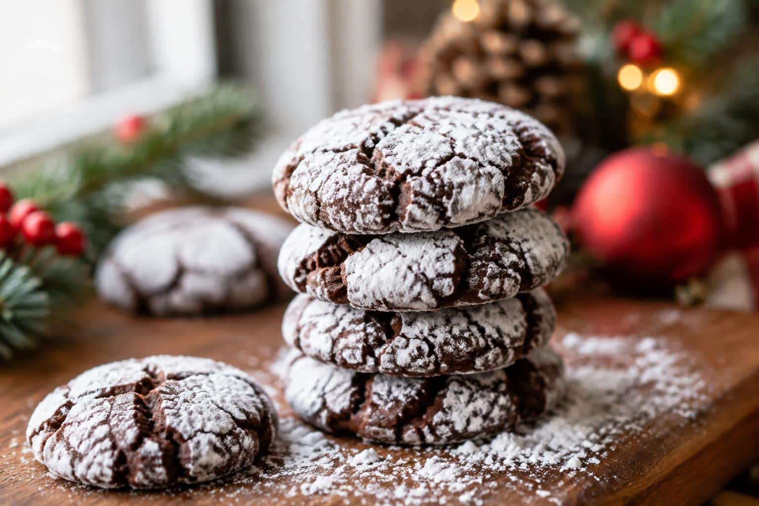 Fudgy Christmas cookies dusted with powdered sugar stacked on rustic wooden board