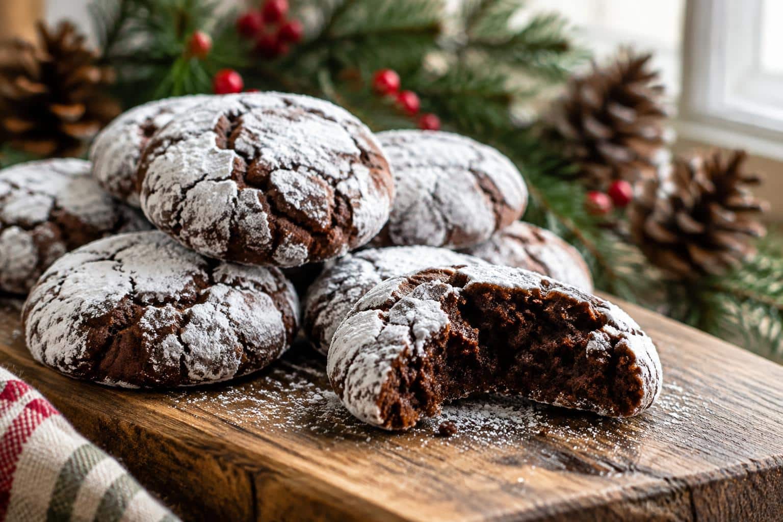 Fudgy soft Christmas cookies dusted in powdered sugar on wooden board