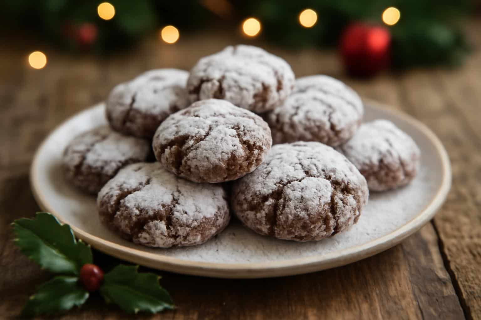 Fudgy soft Christmas cookies dusted with powdered sugar on rustic wooden plate