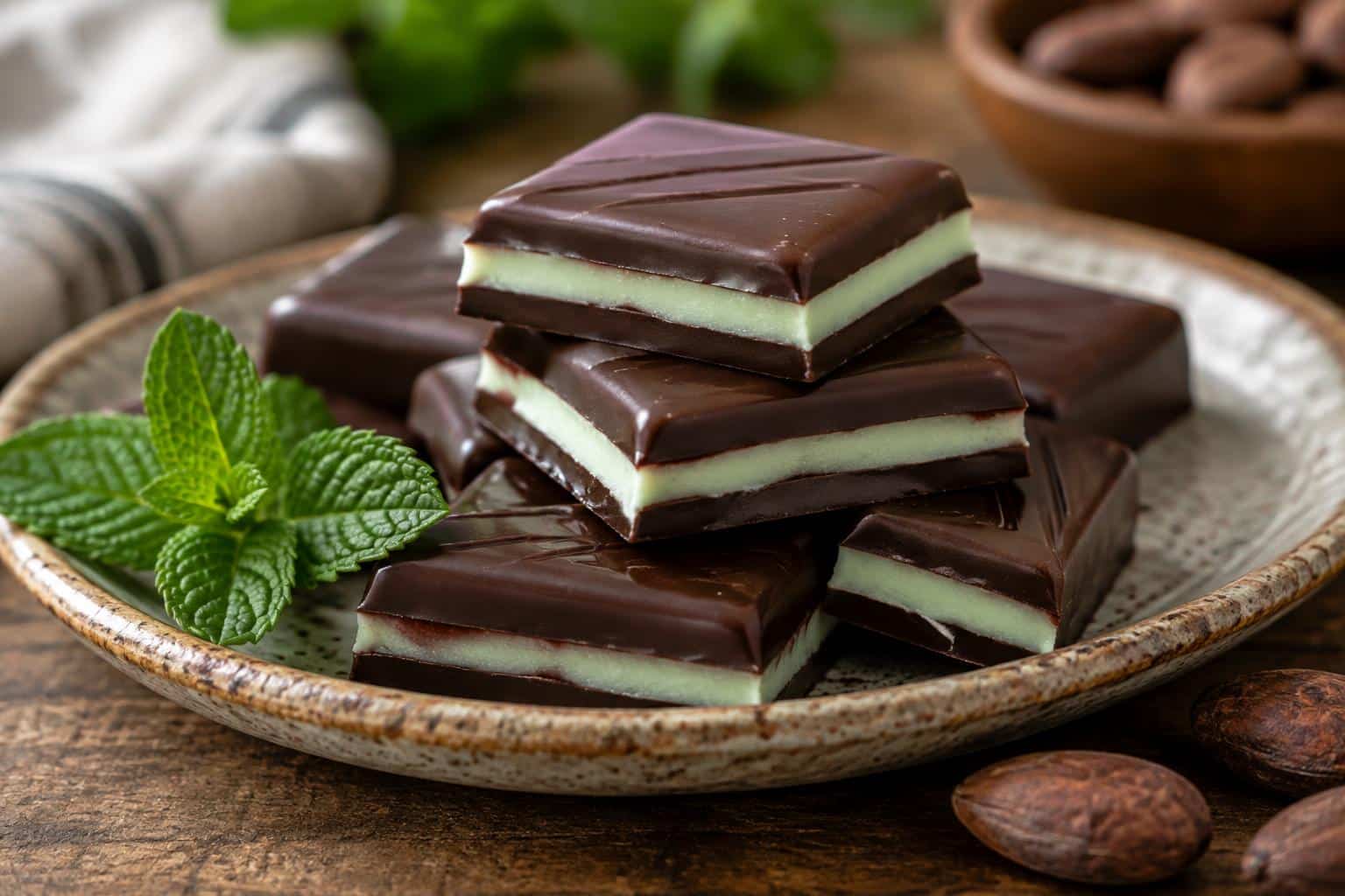 Homemade Andes mints stacked on plate with fresh mint garnish and rich chocolate coating
