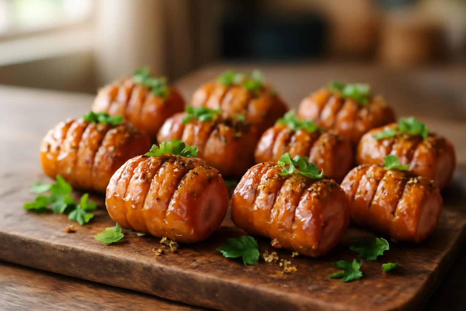 Baked mustard-glazed kielbasa bites with crispy edges garnished with parsley and mustard seeds