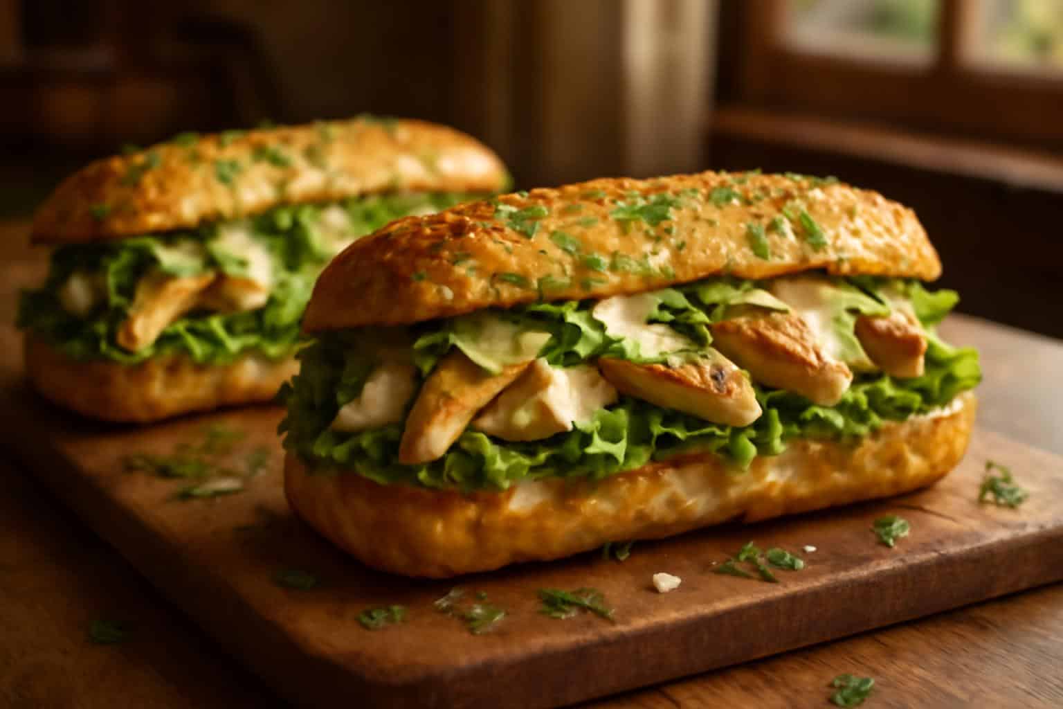 Garlic bread chicken subs filled with Caesar salad and grilled chicken on a rustic board