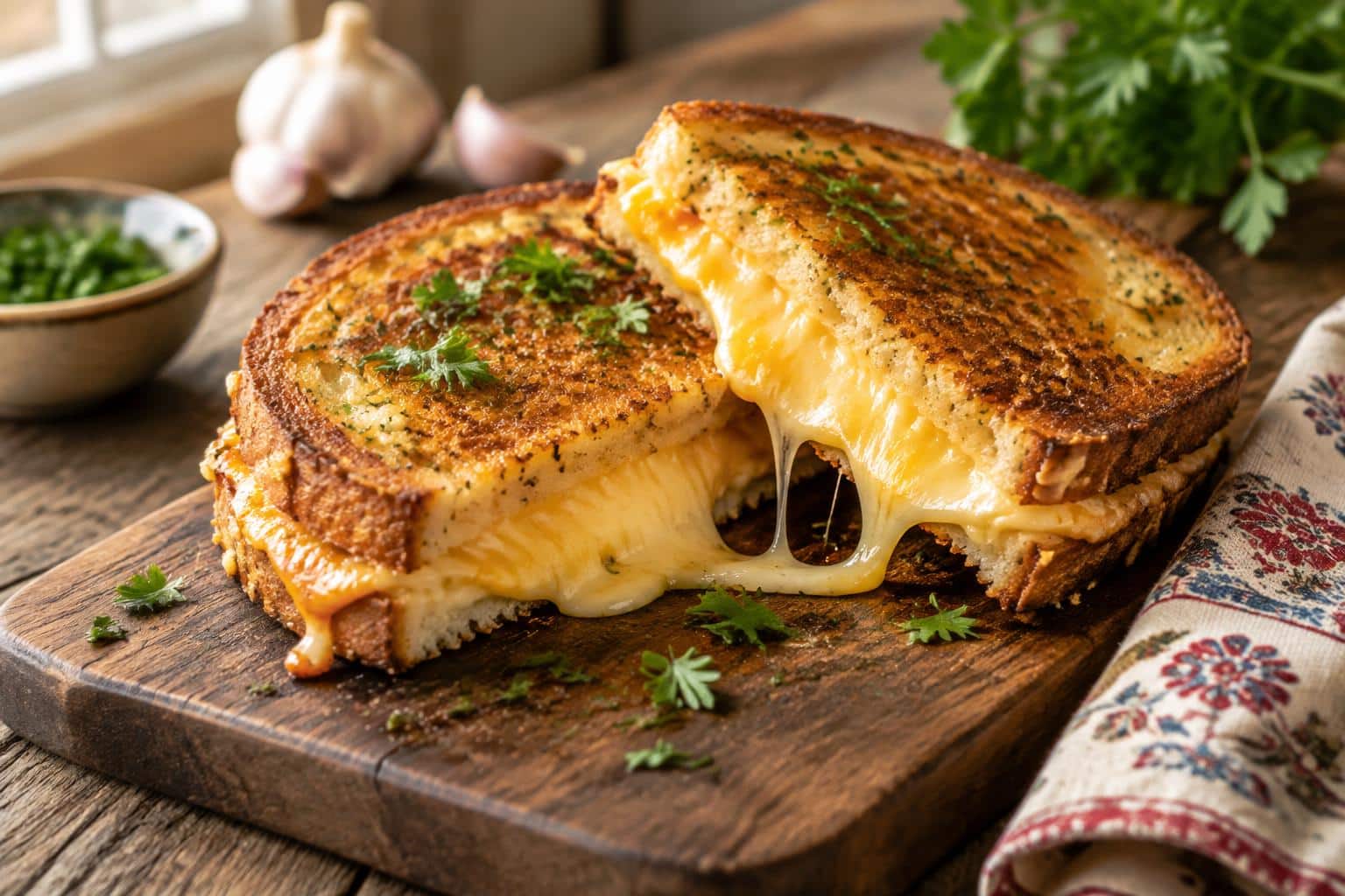 Garlic bread grilled cheese sandwich with melted cheese and fresh parsley garnish on rustic wooden board