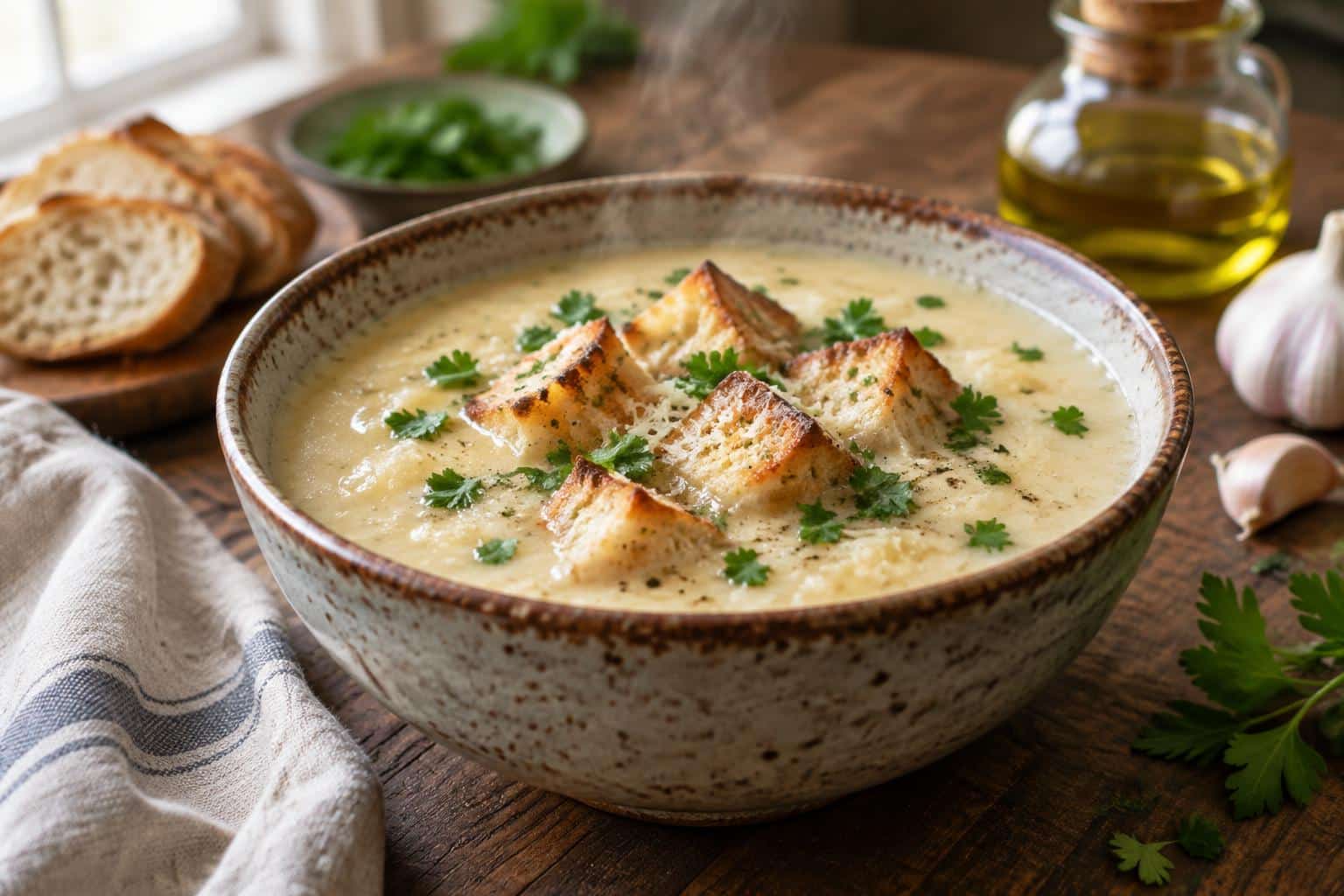 Bowl of creamy garlic bread soup garnished with parsley and toasted bread cubes
