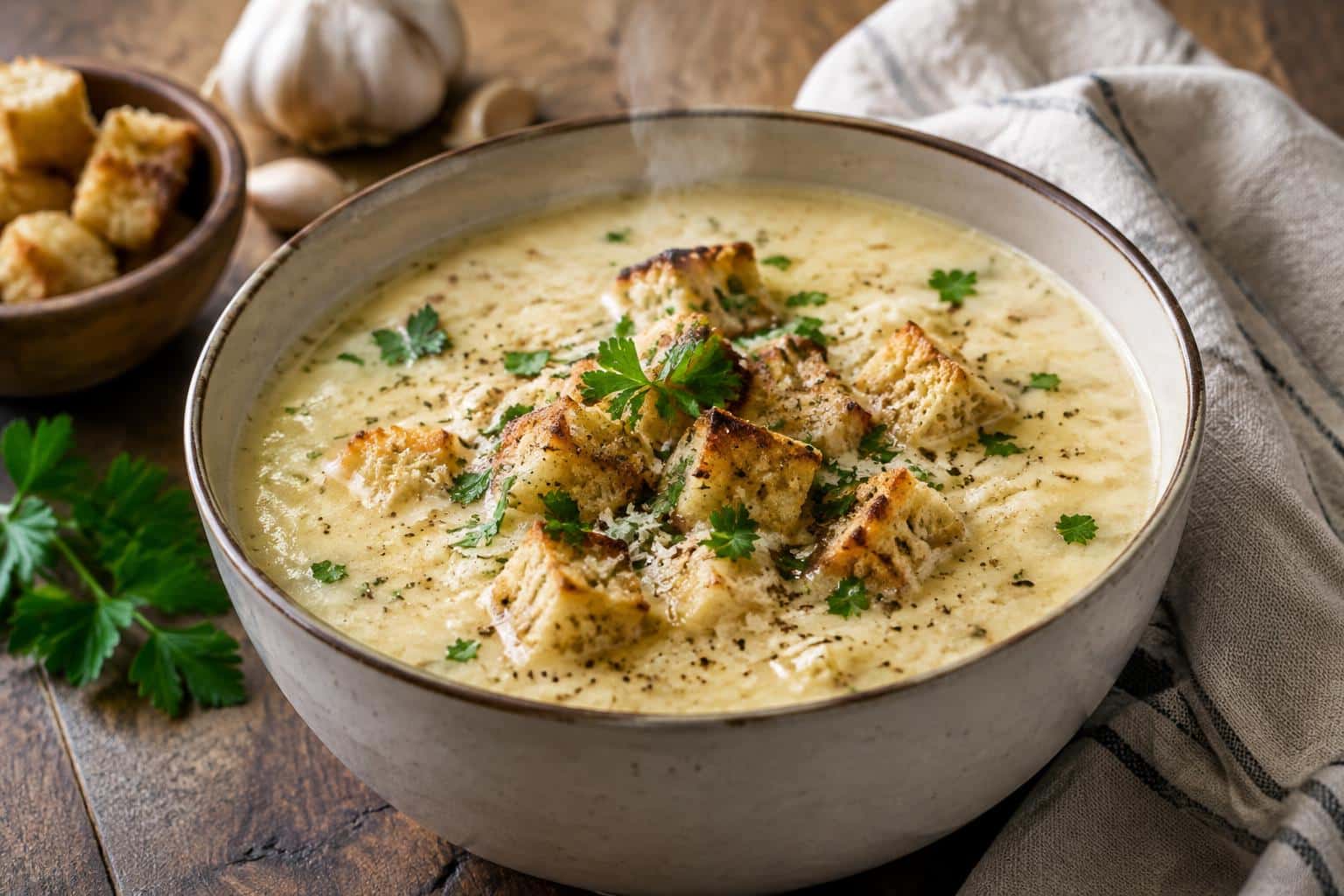 Creamy garlic bread soup garnished with parsley and toasted bread cubes in a rustic bowl