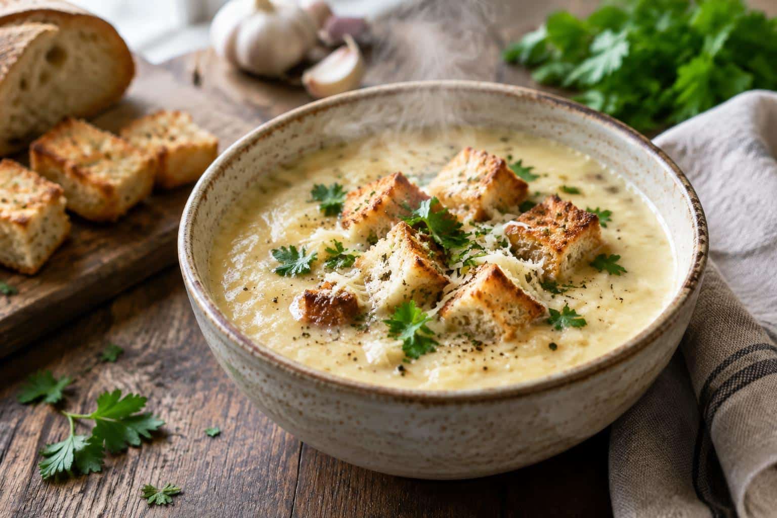 A bowl of creamy garlic bread soup with toasted bread cubes and parsley garnish, showcasing garlic bread soup