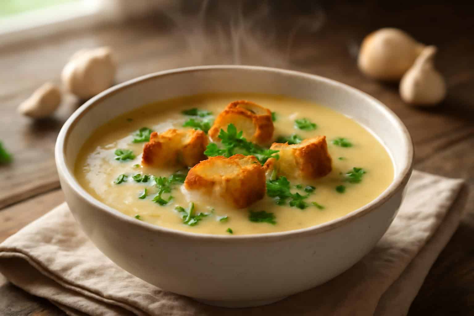 A steaming bowl of garlic bread soup garnished with parsley and toasted croutons