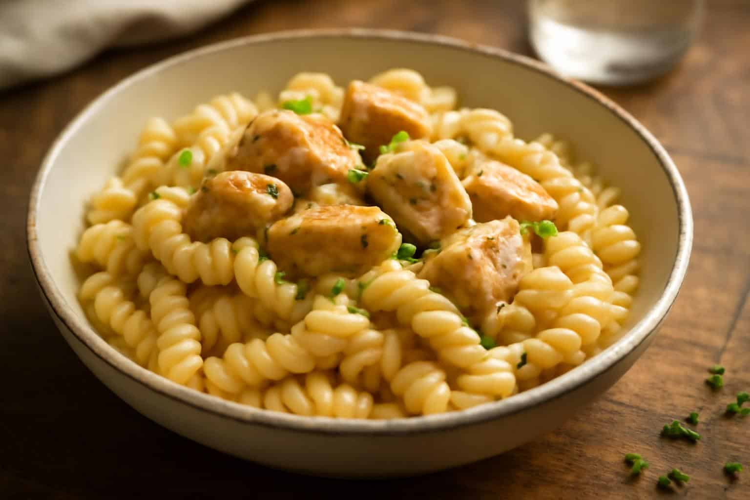Garlic butter chicken alfredo twisted pasta in a bowl with creamy sauce and parsley garnish