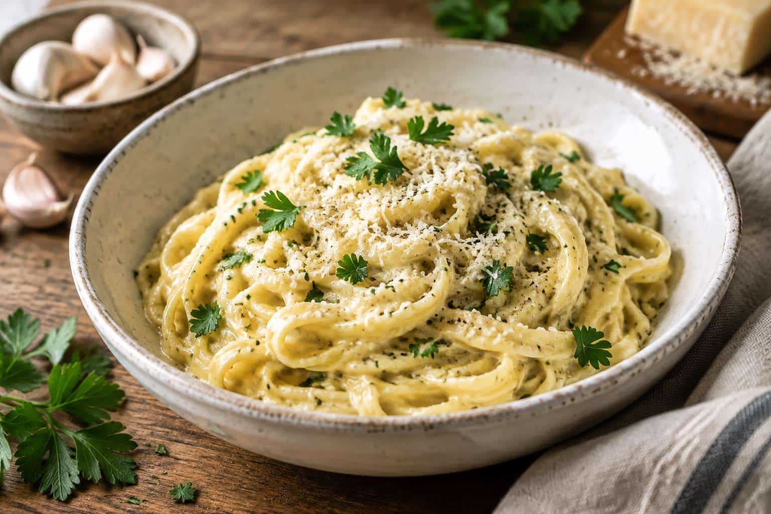 Garlic butter pasta garnished with parsley and Parmesan in a rustic bowl, showcasing garlic butter pasta