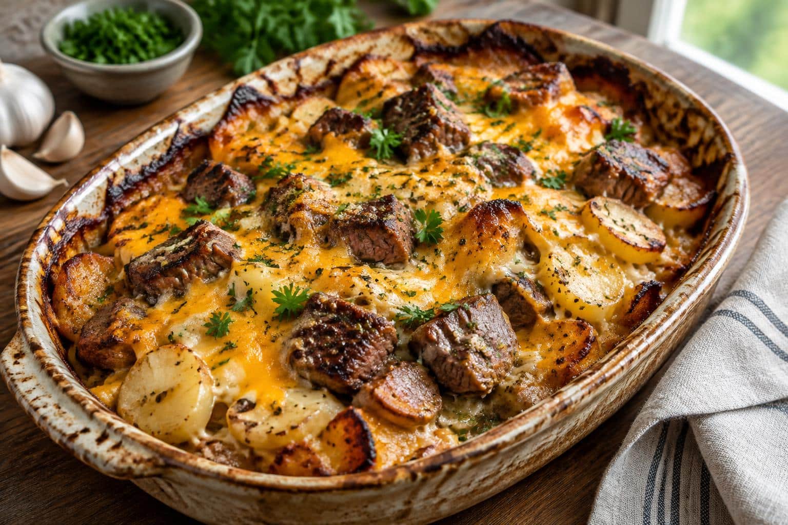 A golden garlic butter steak and cheddar potato bake with melted cheese and parsley garnish