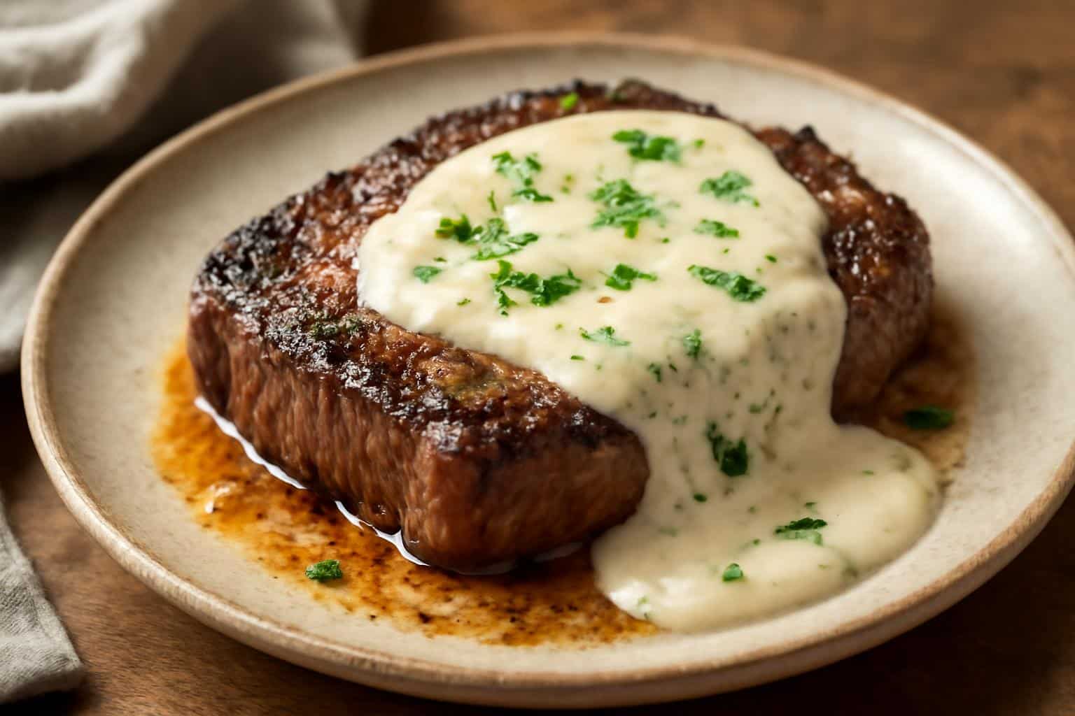 Garlic butter steak topped with luscious parmesan cream sauce garnished with fresh parsley