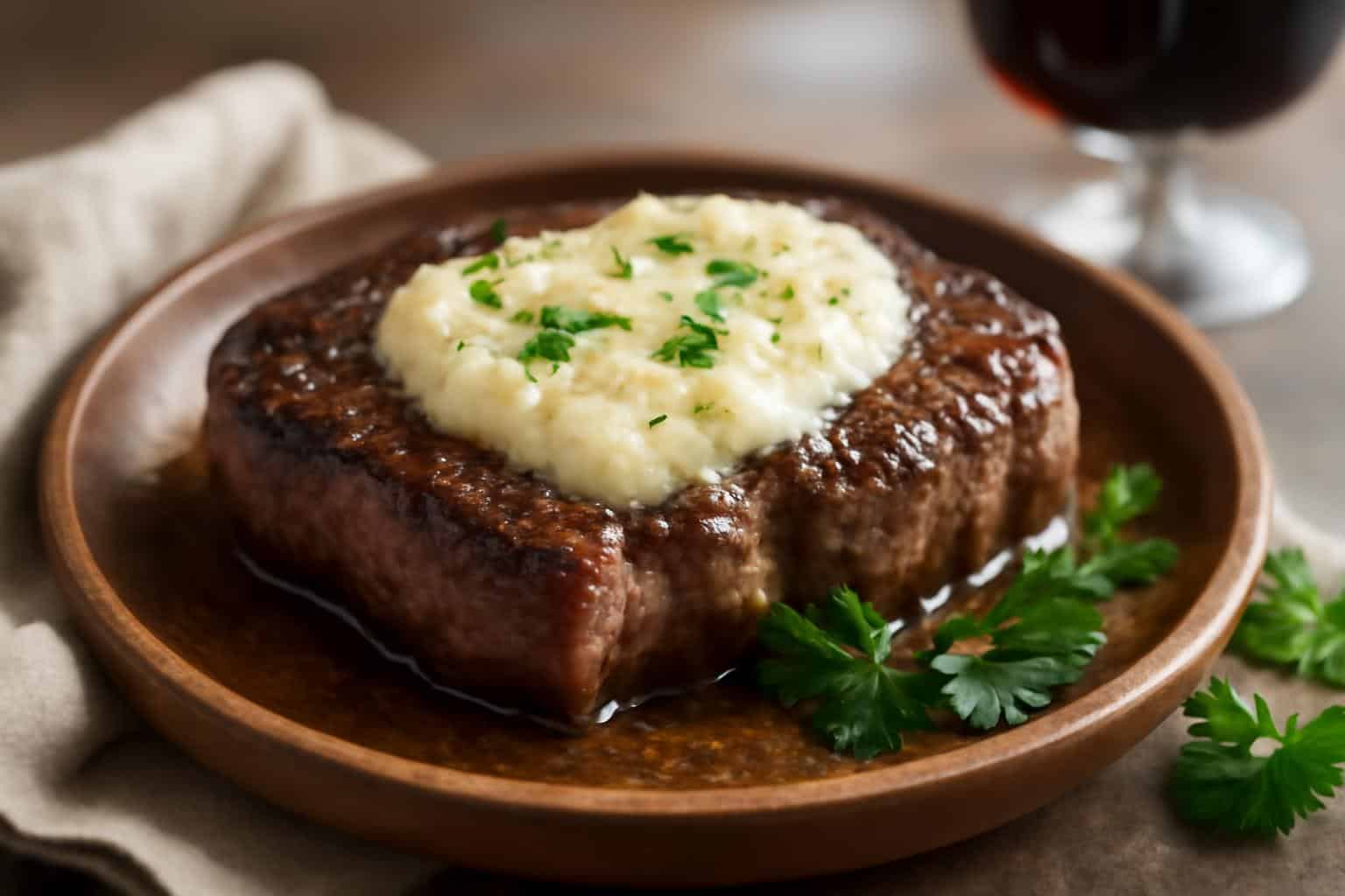 Garlic butter steak topped with creamy Parmesan sauce garnished with parsley