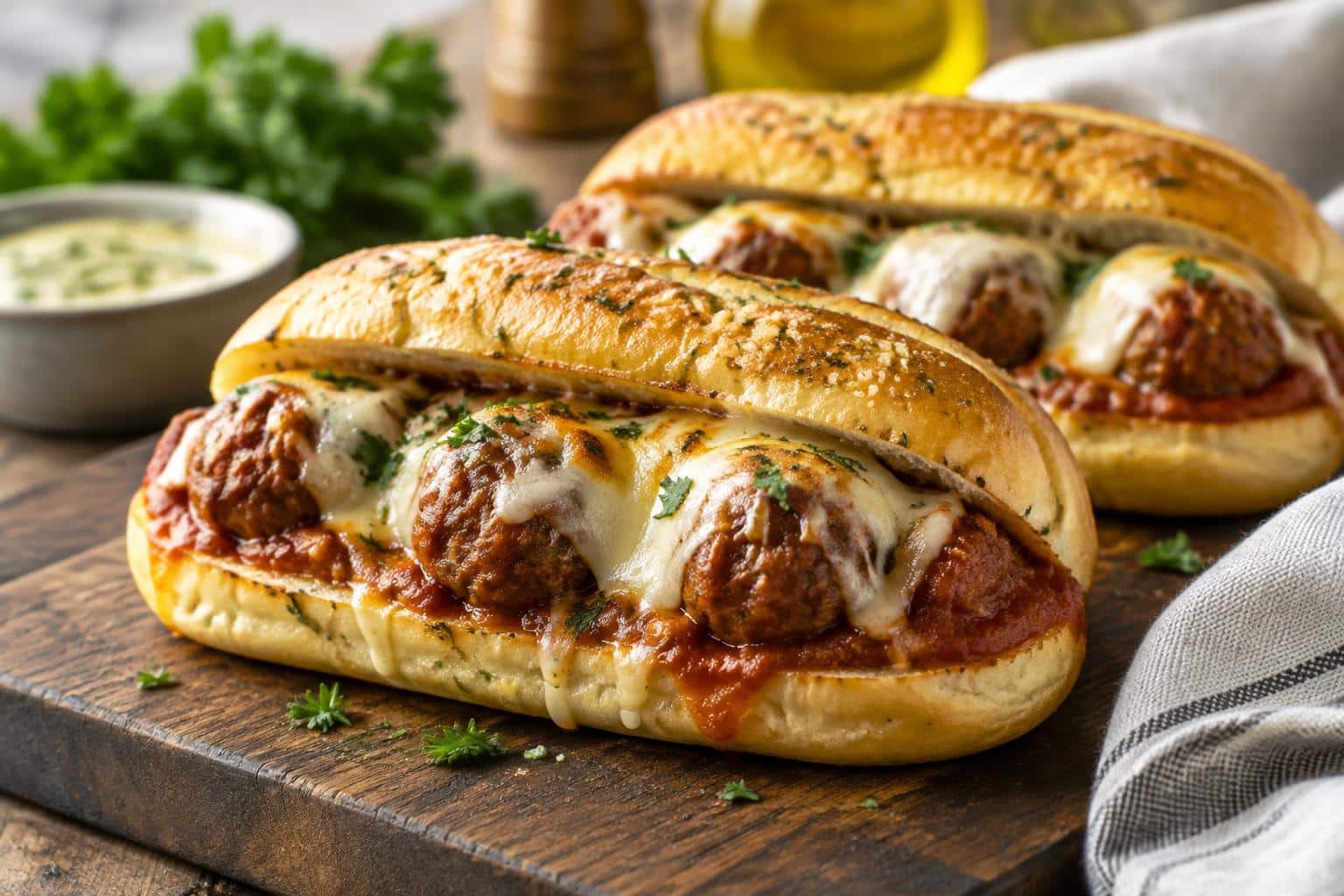 Garlic-butter stuffed meatball subs with melted cheese and fresh parsley garnish