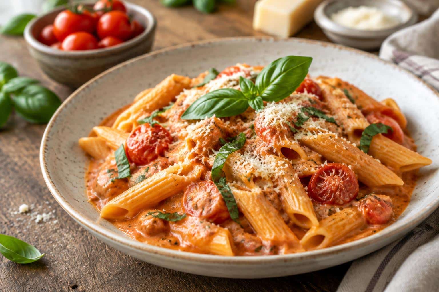 Garlic creamy tomato pasta served on a white plate garnished with basil and parmesan