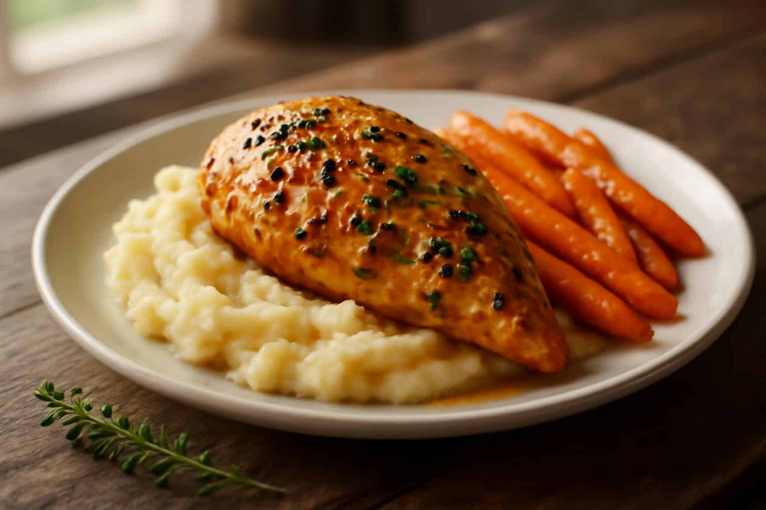 Garlic herb chicken with creamy mashed potatoes and glazed carrots on a rustic plate