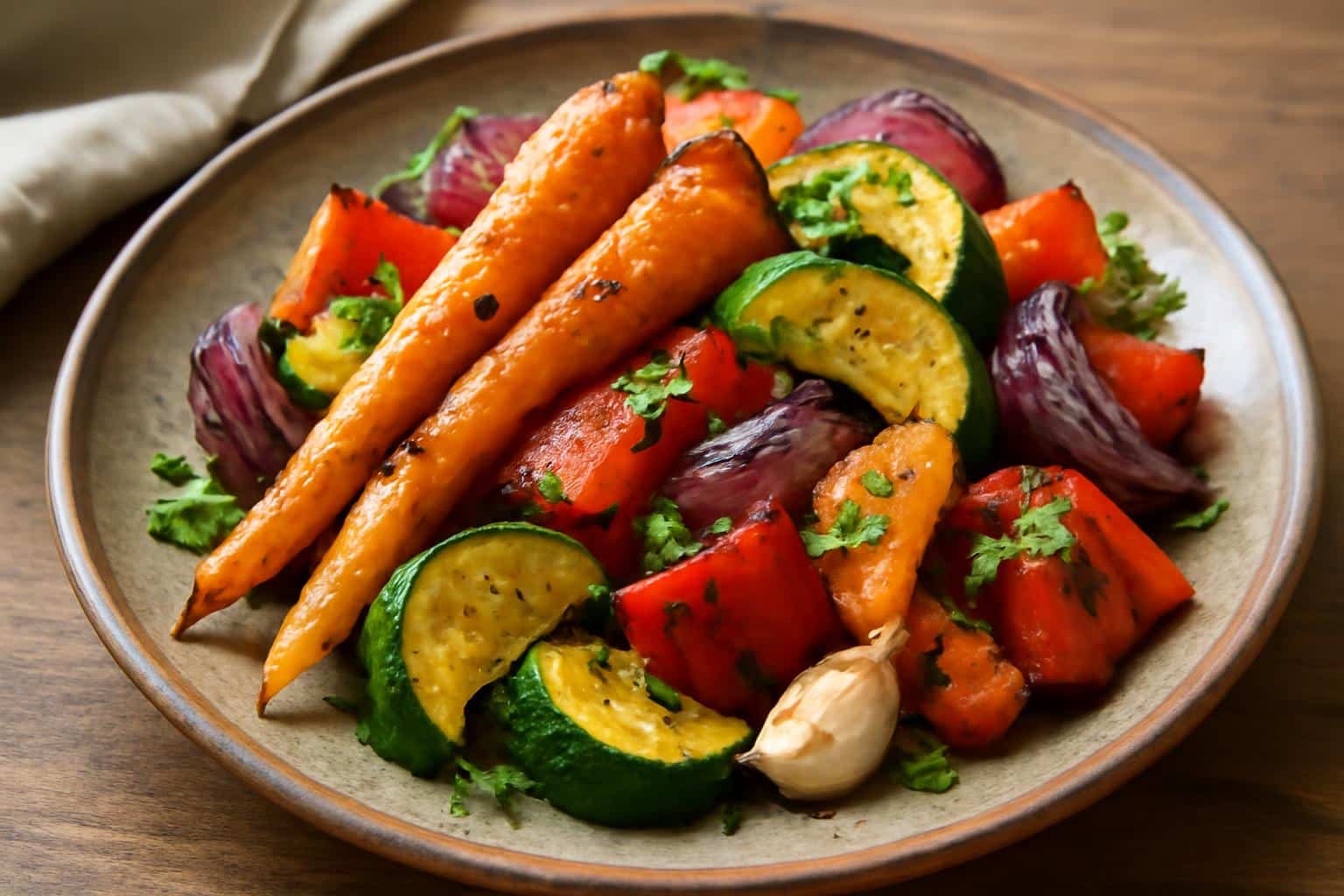 Garlic herb roasted veggies on rustic plate garnished with parsley and garlic cloves
