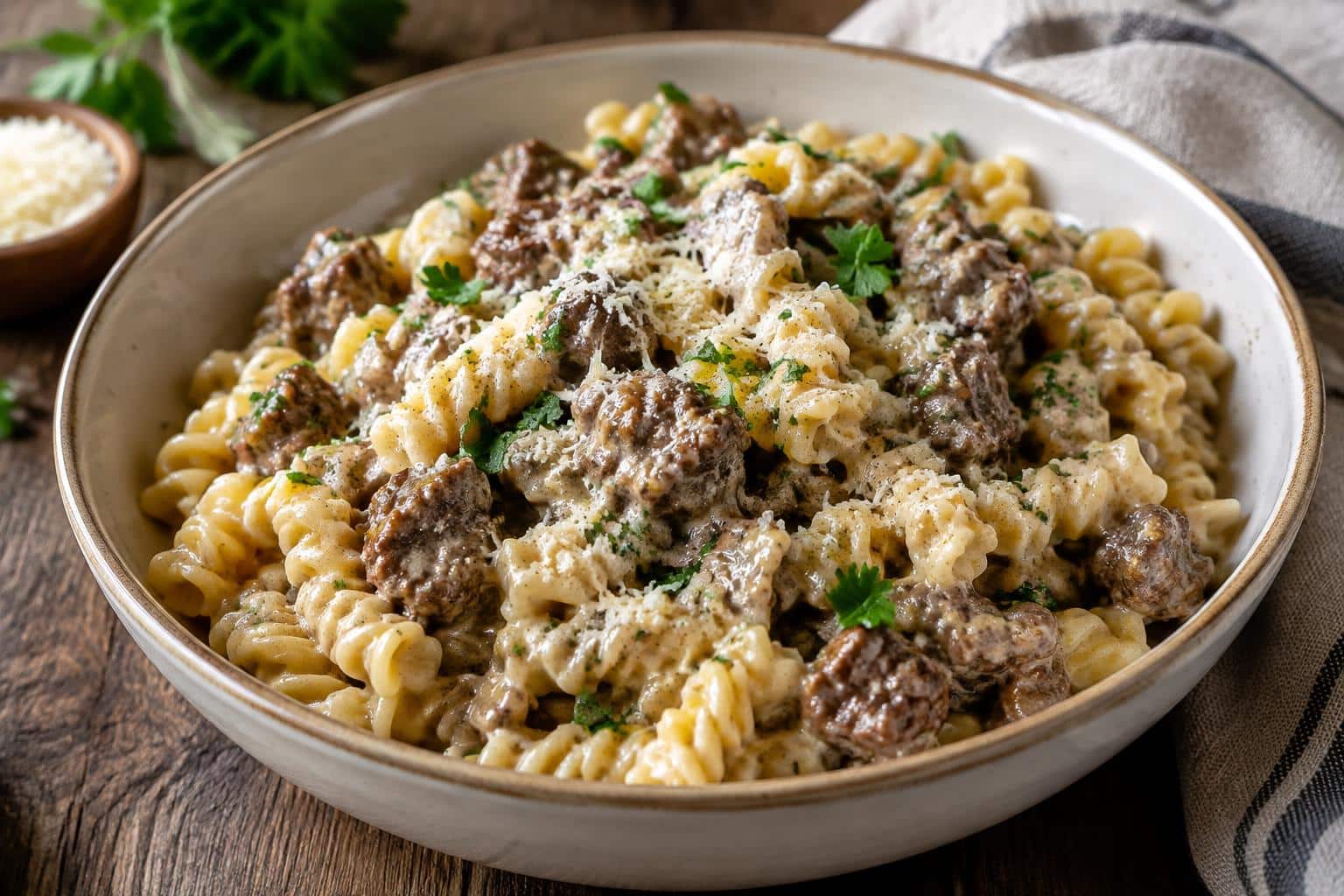 Garlic parmesan beef and rotini pasta garnished with parsley and parmesan cheese