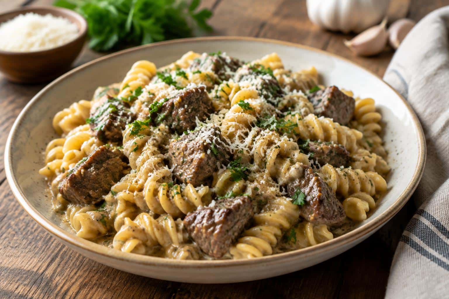 Garlic parmesan beef served with rotini pasta garnished with parsley and parmesan cheese