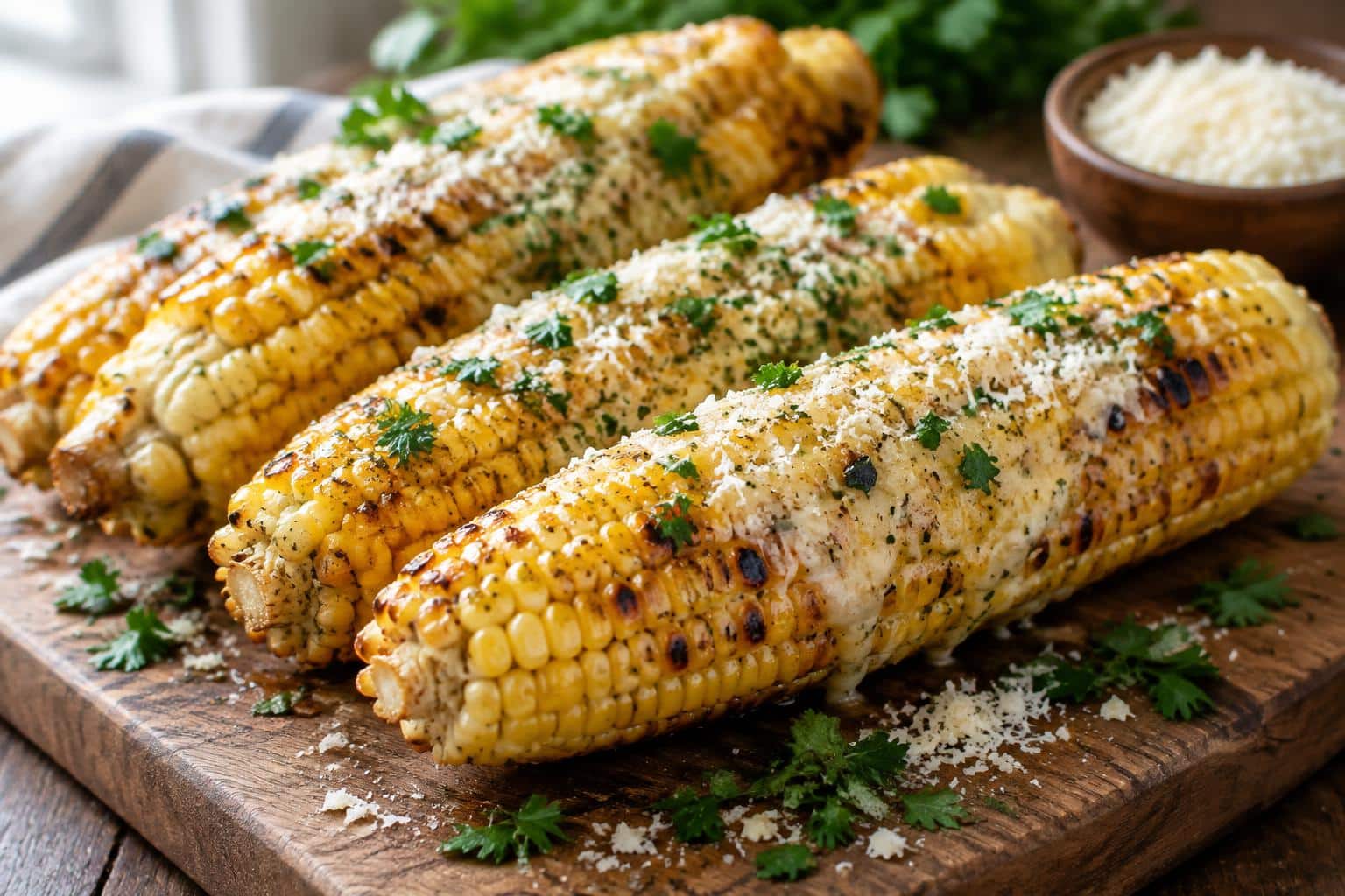 Garlic parmesan corn on the cob with melted cheese and herbs on a rustic board