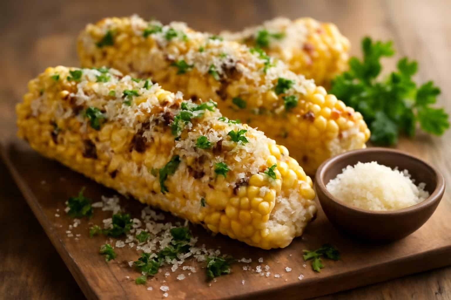 Grilled garlic parmesan corn on the cob with melted cheese and herbs on rustic wooden table