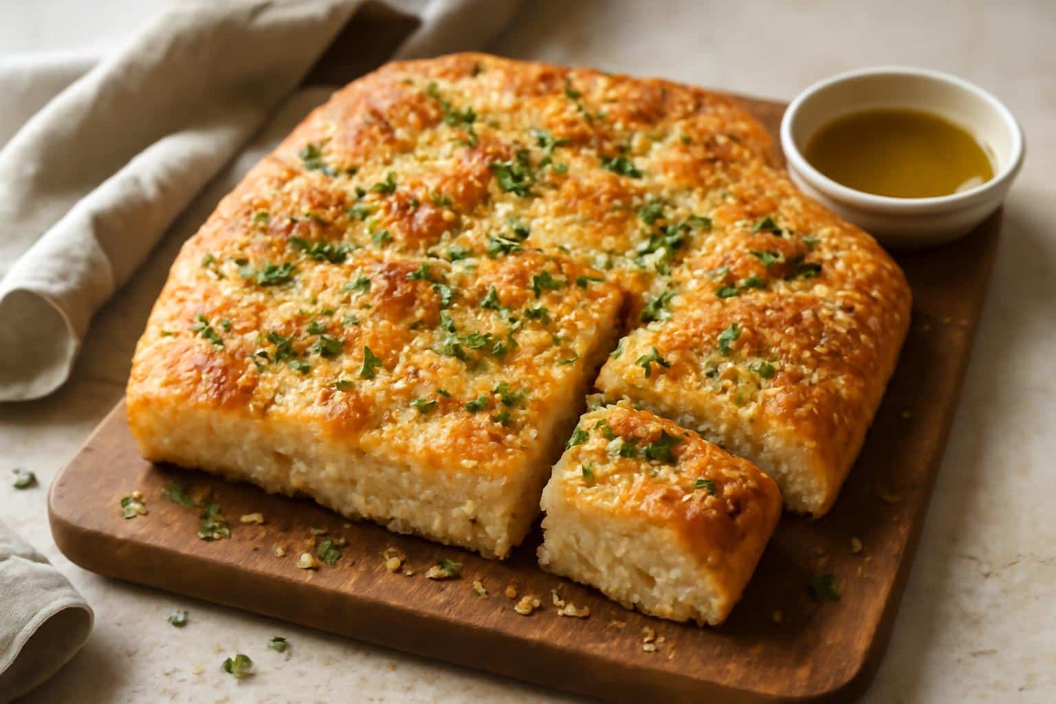 Freshly baked garlic parmesan focaccia bread with herbs and coarse salt