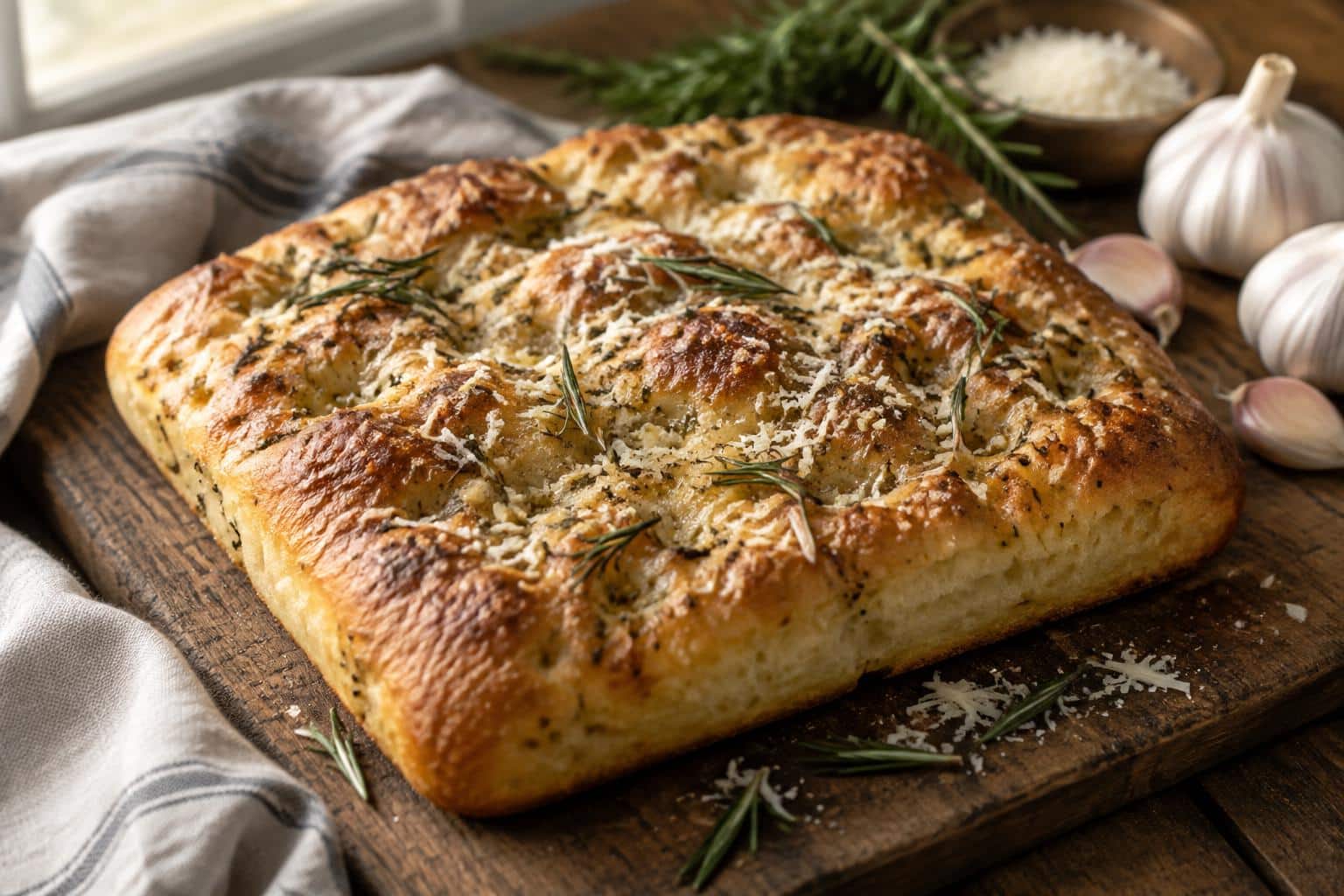 Golden garlic parmesan focaccia bread garnished with rosemary and parmesan cheese