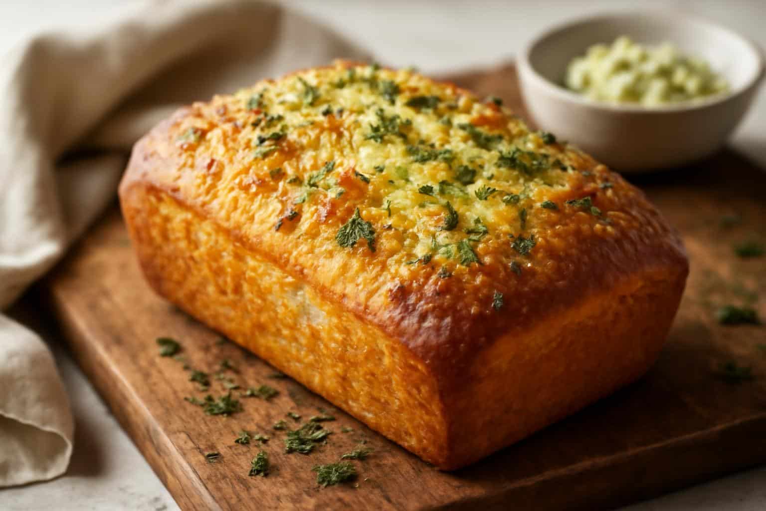 Freshly baked garlic parmesan bread with golden crust and herbs on rustic board