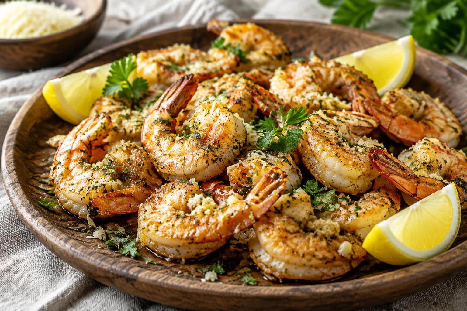 Garlic parmesan shrimp roasted to golden perfection with fresh parsley garnish
